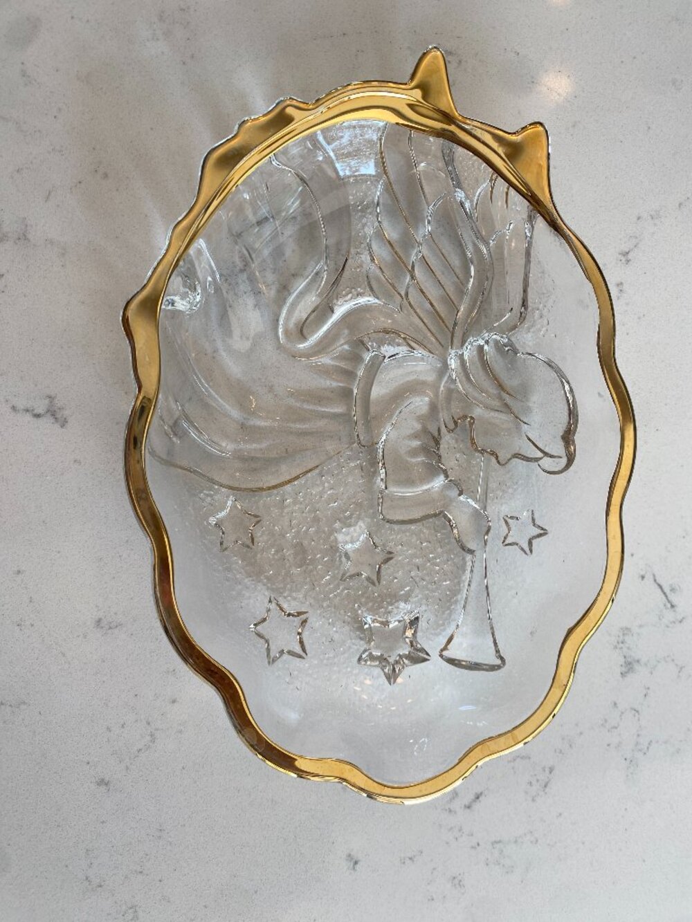 Vintage Gold Rim Glass Angel Trumpet Candy Dish Christmas Stars Scalloped